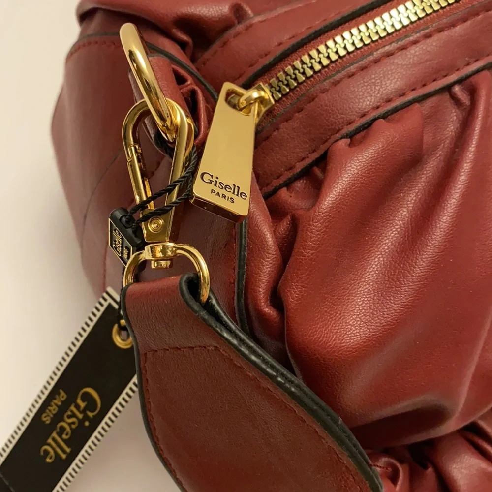 Giselle Paris Ella Satchel Raspberry Vegan Leather Handbag with Gold Accents NWT